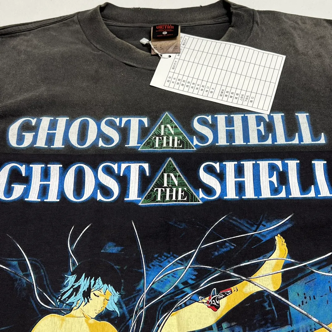 Printing proofing SAINT Mxxxxxx × GHOST IN THE SHELL Ghost in the Shell GS_LS TEE/GITS/BLK Big IP Ghost in the Shell joint model Sleeping Motoko Kusanagi Retro distressed long sleeves with holes Washed black S-XL